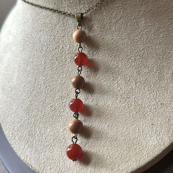 Yew Wood and Fire Agate “Gratitude” Lariat Necklace - Picture 3 of 5